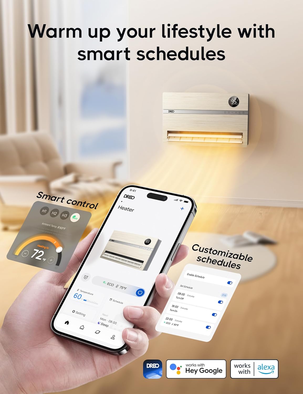 Dreo Smart Wall Heater, Electric Space Heater for Bedroom 1500W, 120° Vertical Oscillation, Adjustable Thermostat, Remote Control, 24H Timer, Easy-Mount Heater for Indoor Use, Works with Alexa, WH719S wourant