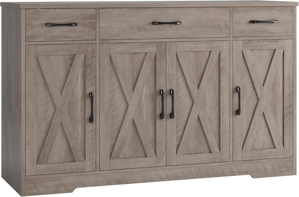 HOSTACK Buffet Cabinet with Drawers, 55" Large Sideboard Buffet Storage Cabinet with Shelves and Doors, Modern Farmhouse Coffee Bar Station Wood Kitchen Table for Kitchen, Dining Room, White/Rustic wourant