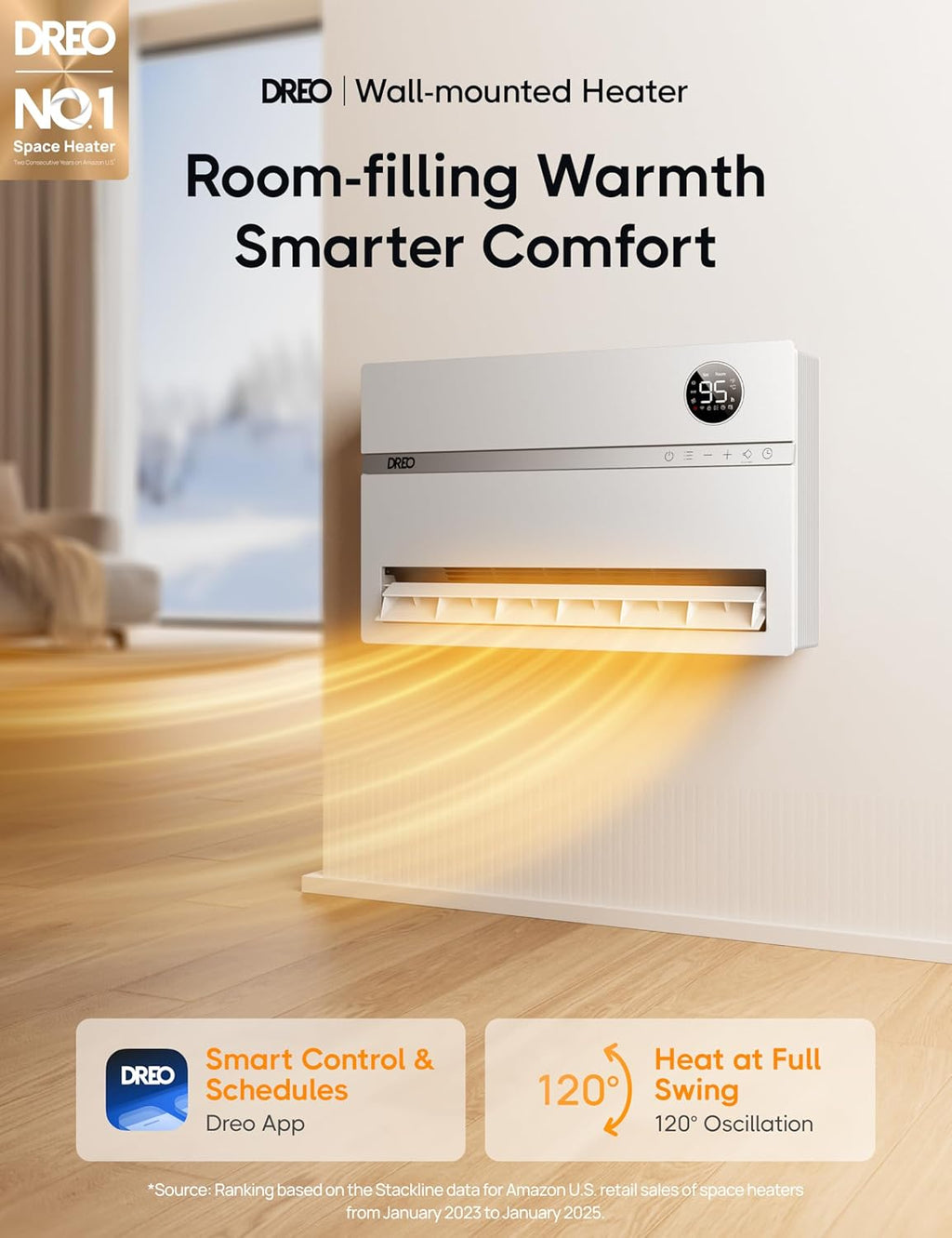 Smart wall mounted heater, bedroom electric heater, 1500W adjustable thermostat 24-hour timer easy to install indoor heater wourant