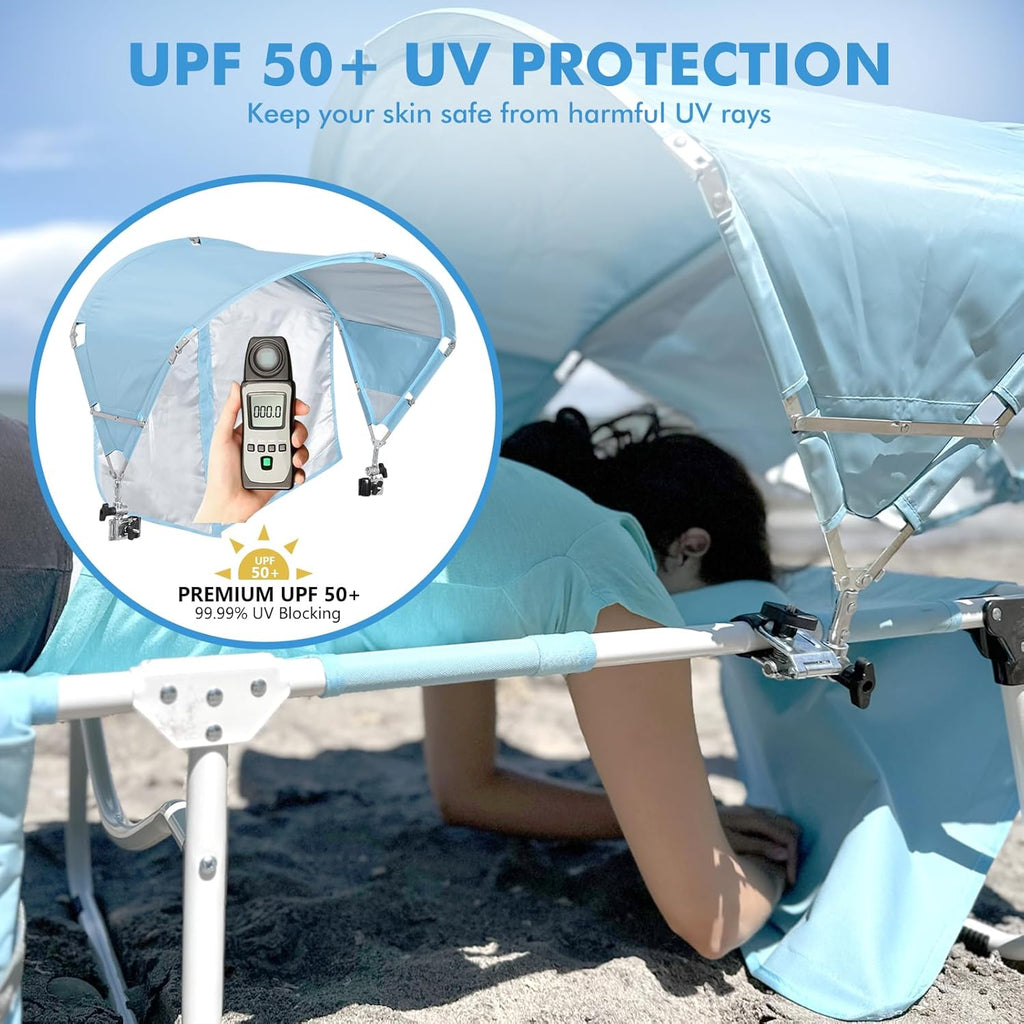 Tanning Chair with Sun Canopy Face Hole, Heavy Duty Folding Chaise Lounge Chair 5 Position Reclining for Adults Outside Reading Sunbathing Poolside Camping Beach, UPF 50+ Sun Shade, 300 LBS wourant