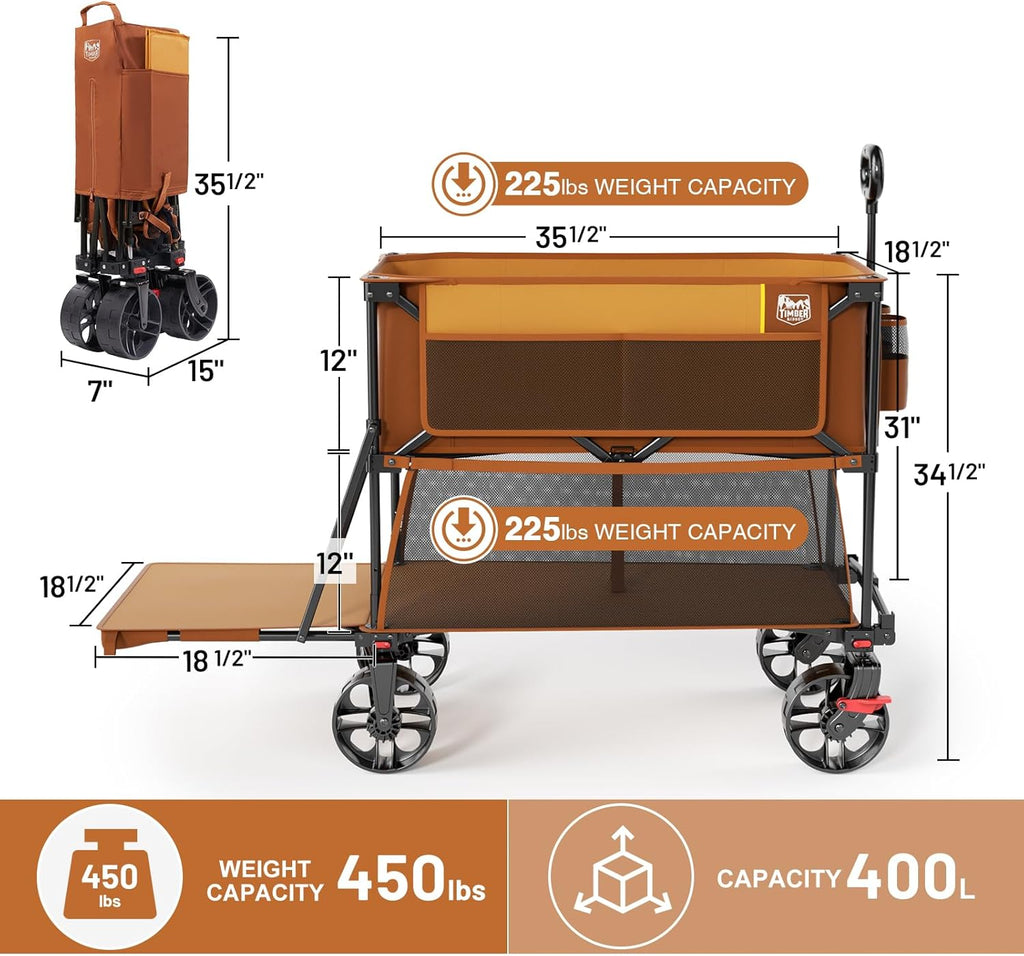 400L Large Capacity Folding Double Decker Cart with Brakes, 54 Inch Extra Long Extended Cart, 450 Pounds Heavy Duty Folding Cart wourant