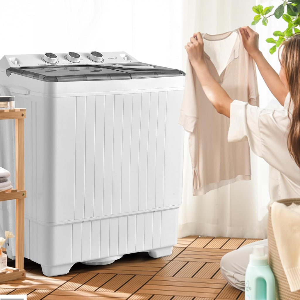 COSTWAY Double Tub 26 lb Capacity Laundry 18 lb 8 lb Spin Combo with Timer Knob Built-in Drain Pump Small Portable Washing Machine wourant