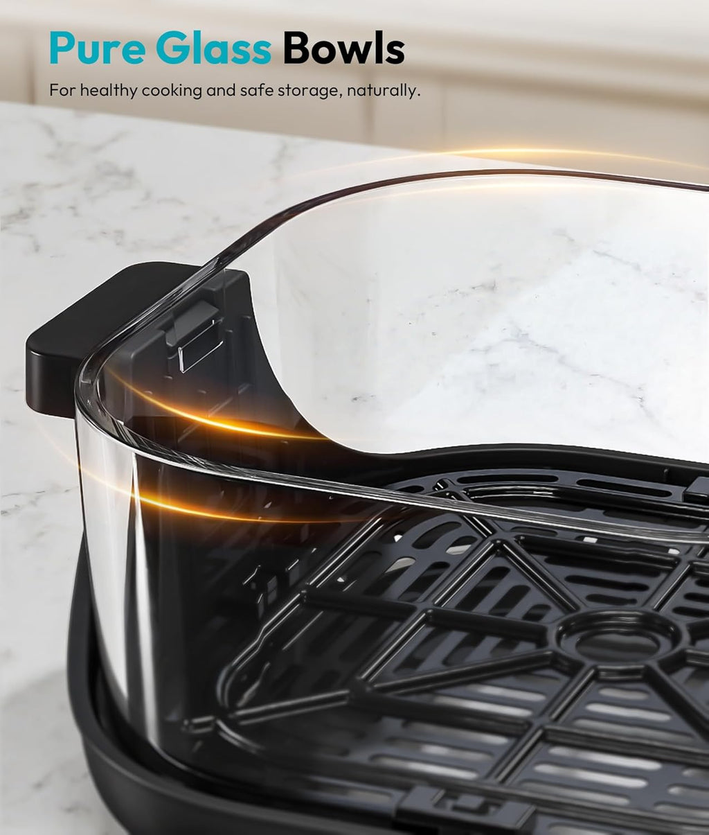 Rellytech Portable Glass Air Fryer - 1500W, 4.2 QT & 6-Cup Dual Glass Containers wourant