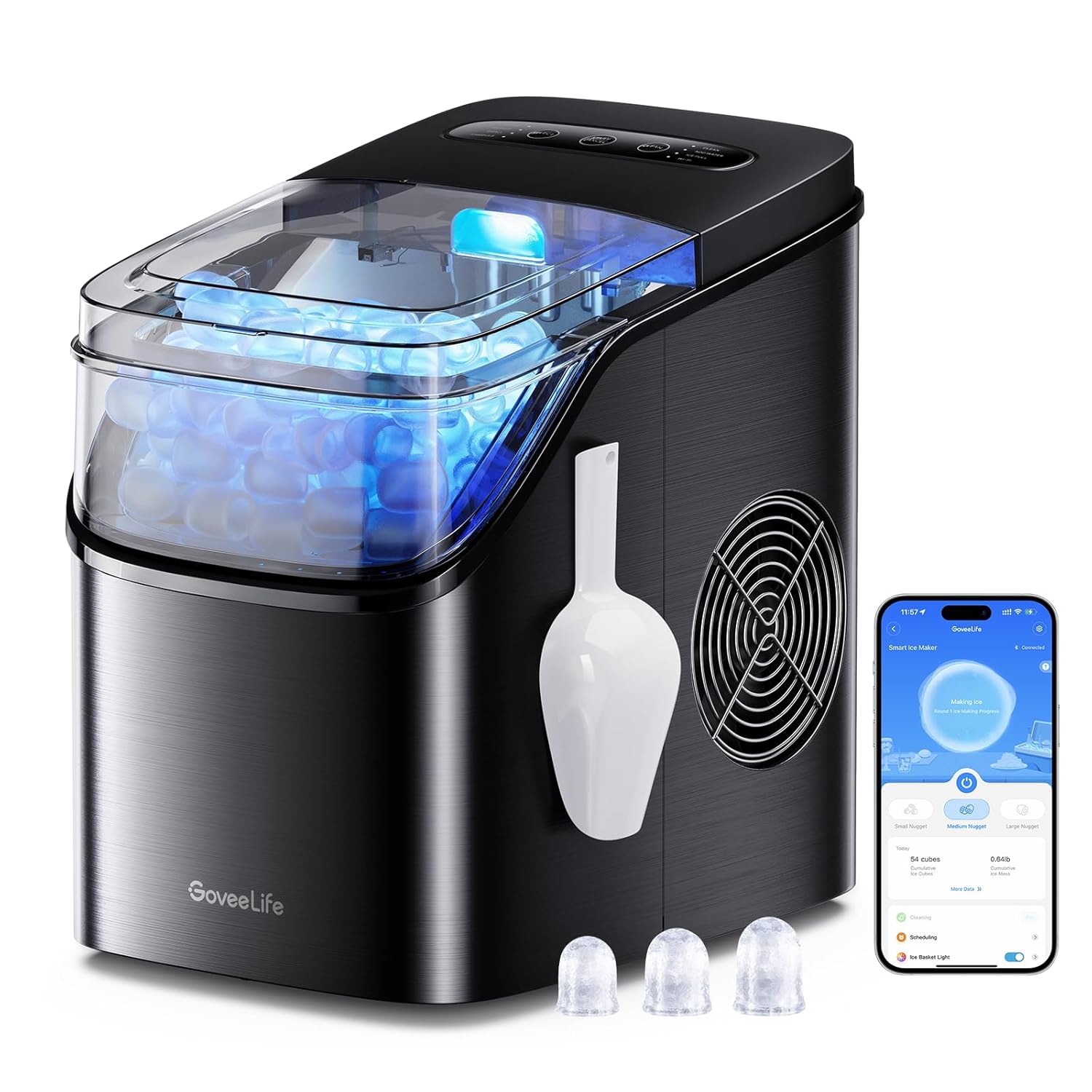 GoveeLife Smart Ice Maker Countertop, Portable Ice Machine with Voice Control, 9 Ice Cubes in 6 Minutes 3 Sizes, 26lbs/24Hrs, Self Cleaning RGB Lights, Quiet Ice Maker with Scoop for Kitchen Black wourant