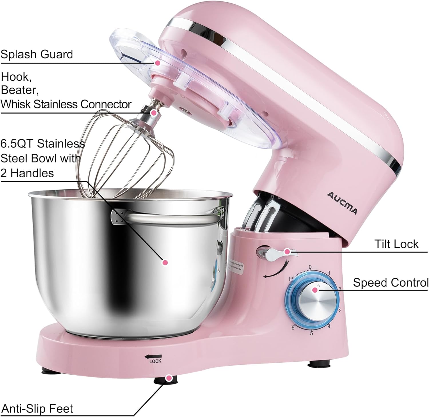 Aucma Stand Mixer,6.5-QT 660W 6-Speed Tilt-Head Food Mixer, Kitchen Electric Mixer with Dough Hook wourant