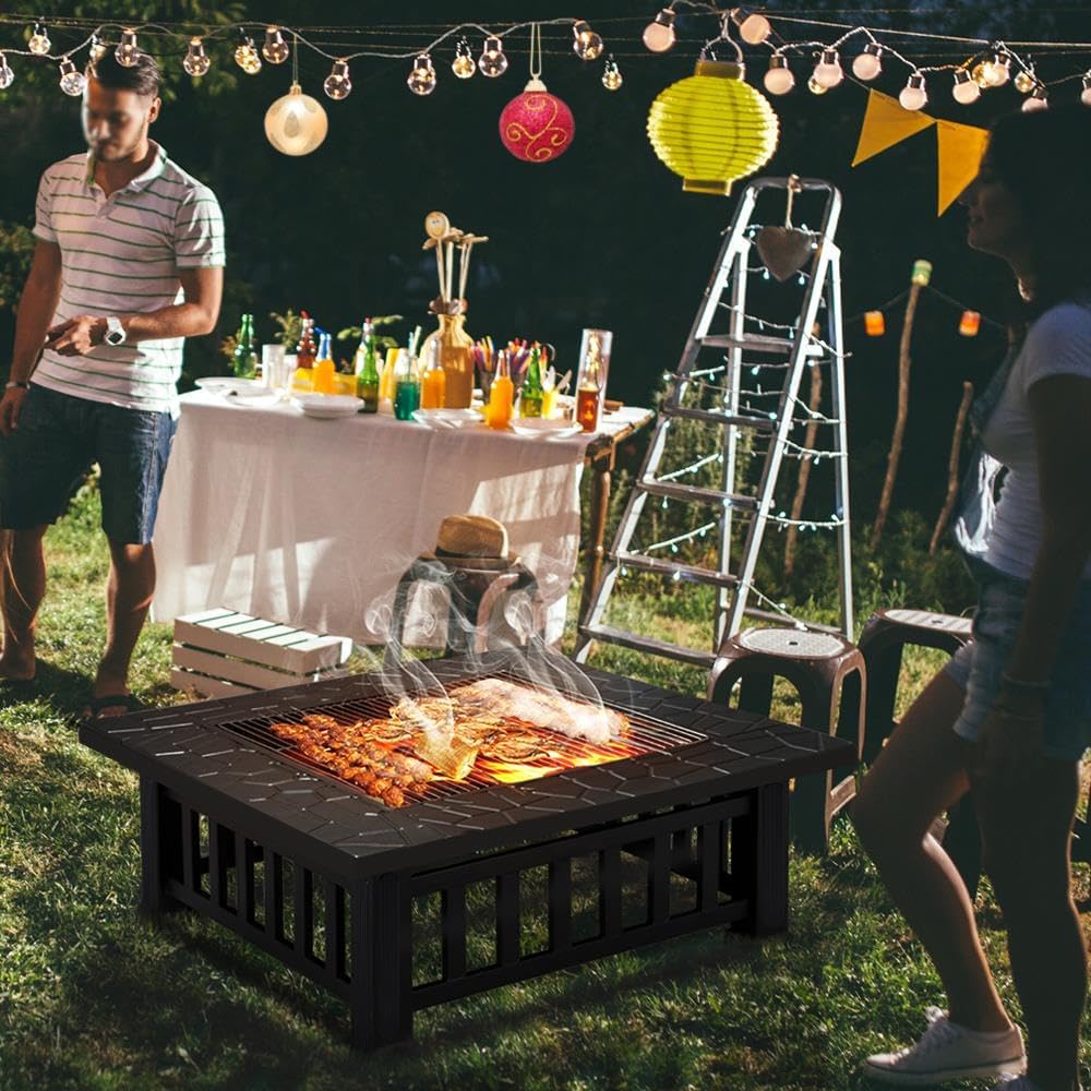 Yaheetech Multifunctional Fire Pit Table 32in Square Metal Firepit Stove Backyard Patio Garden Fireplace for Camping, Outdoor Heating, Bonfire and Picnic wourant