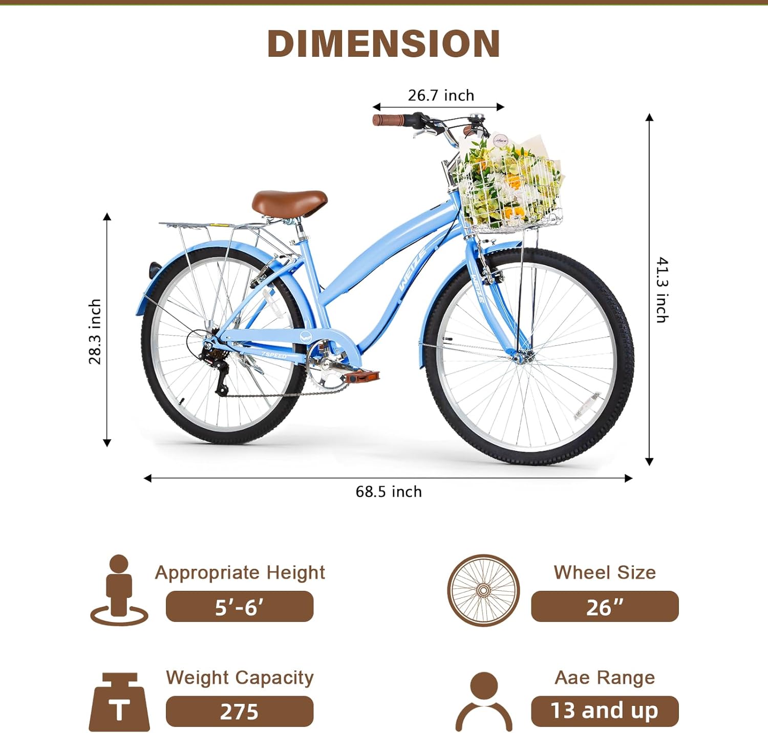 WEIZE Beach Cruiser Bike, 26 inch Commuter Bicycle for Adult Men and Women, 7-Speed/High-Carbon Steel/Front & Rear Fenders, Comfortable City Bikes with Rear Rack or Basket, Ergonomic Upright Design wourant