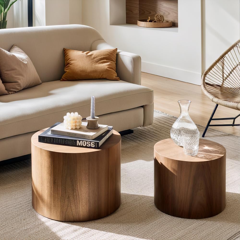 Nesting Coffee Table Set of 2, Modern Round Coffee Table with Non-Slip Feet, Walnut Wooden Circle Accent Tables for Small Spaces Living Room Bedroom Balcony Office Drum Side Table (Walnut) wourant