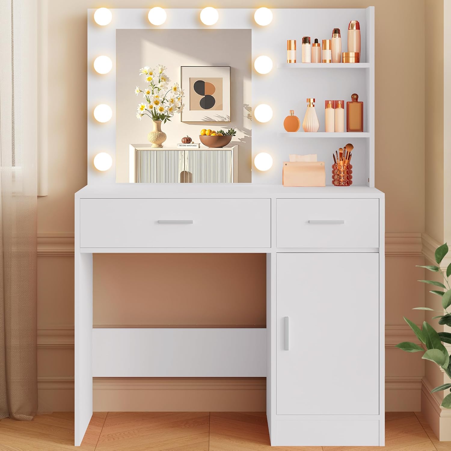 Lighted Makeup Vanity Desk, 35.4“W x 15.7'”D x 54“H, White with Lights and Mirror wourant