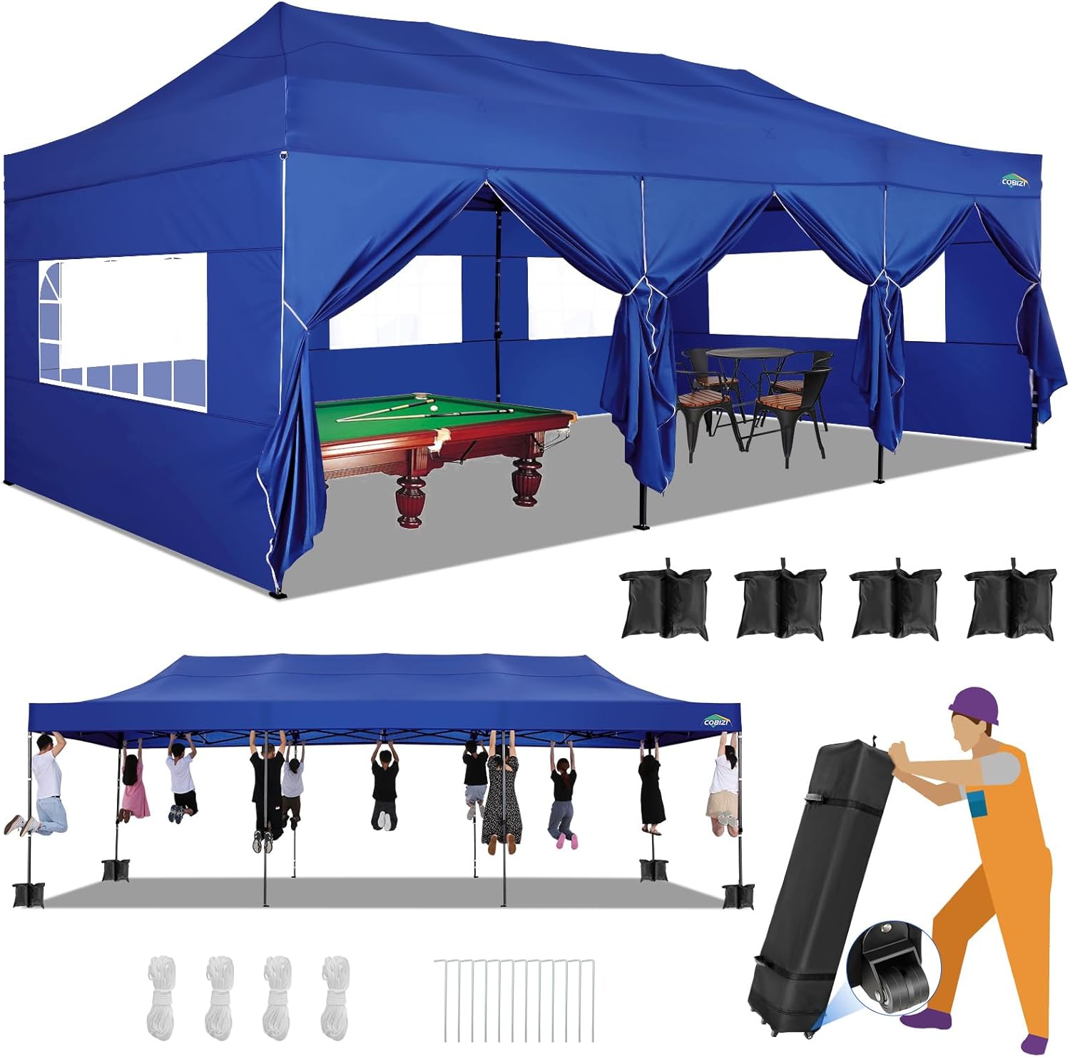 COBIZI 10x20 Heavy Duty Pop up Canopy Tent with 6 sidewalls Easy Up Commercial Outdoor Canopy Wedding Party Tents for Parties All Season Wind & Waterproof Gazebo with Roller Bag,Black(Frame Thickened) wourant