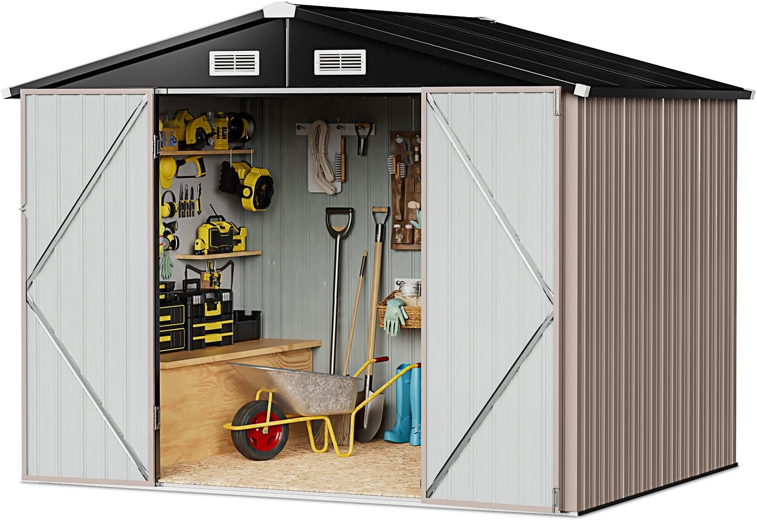 Aoxun 12x10 FT Shed Metal Outdoor Waterproof Storage Shed Steel Utility Garden Tool Shed with Door & Lock Outdoor Storage for Garden Patio Lawn Poolside, Brown wourant