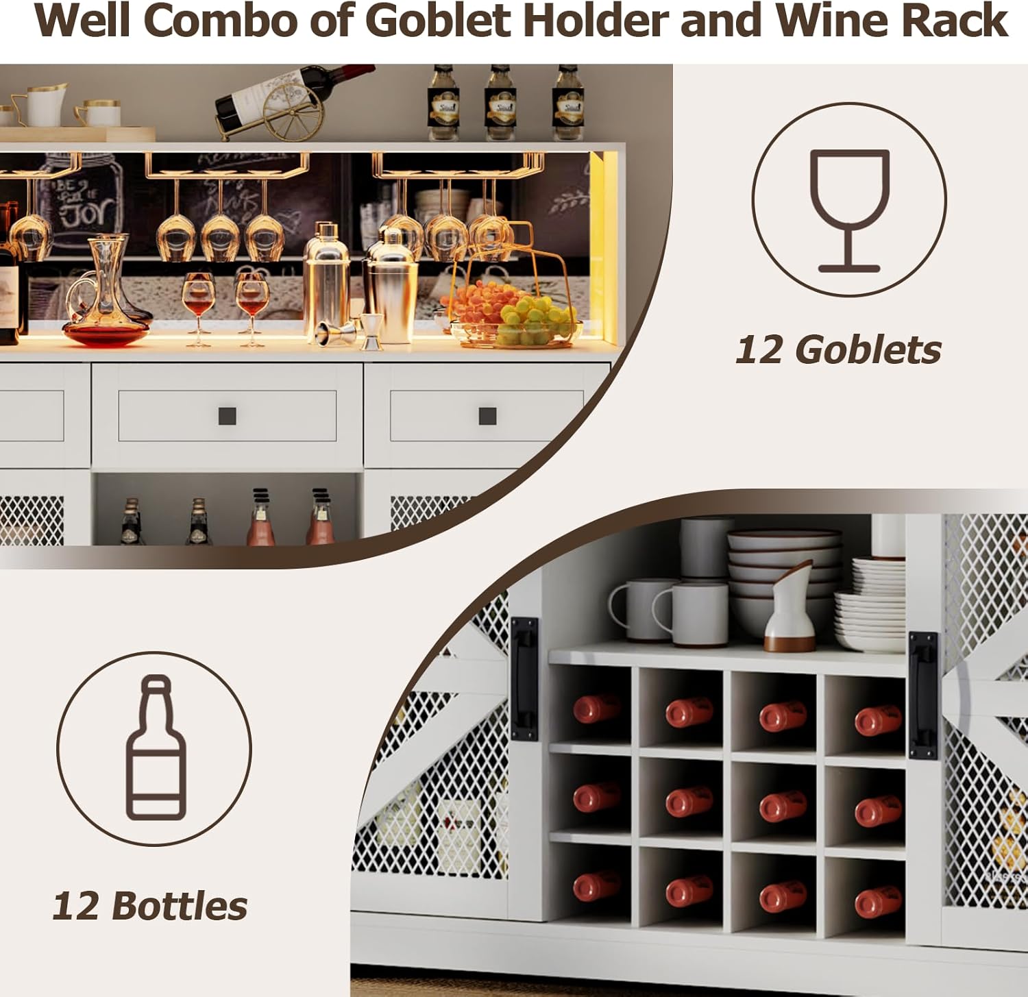 Wine Bar Cabinet with LED Light, Liquor Cabinet with Glass Holder, Coffee Bar for Liquor, Storage Buffet with Wine Racks, Wine Cabinet wourant