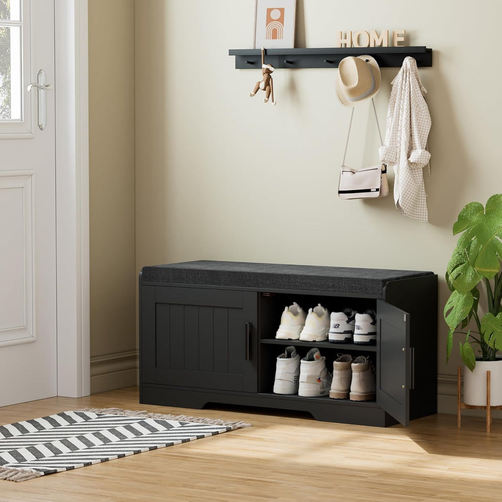 2-Tier Storage Bench, Shoe Bench with Thickened Padded Seat Cushion, Entryway Bench with 4 Doors, Adjustable Shelf, 13.8" D x 45.3" W x 18.5" H, for Entryway, Living Room, Bedroom, White wourant