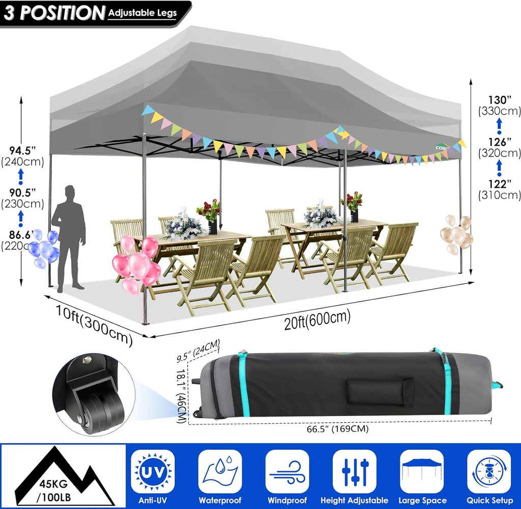 COBIZI 10x20 Heavy Duty Pop up Canopy Tent with 6 sidewalls Easy Up Commercial Outdoor Canopy Wedding Party Tents for Parties All Season Wind & Waterproof Gazebo with Roller Bag,Black(Frame Thickened) wourant