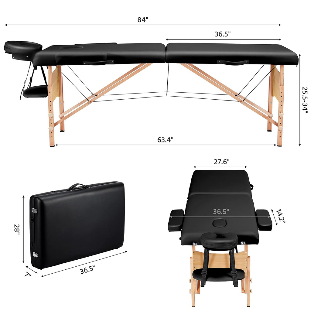 Yaheetech Massage Table Portable Lash Beds Spa Bed Massage Couch Foldable Spa Tables Adjustable 2 Fold with Non-Woven Bag 24 inch, Black wourant
