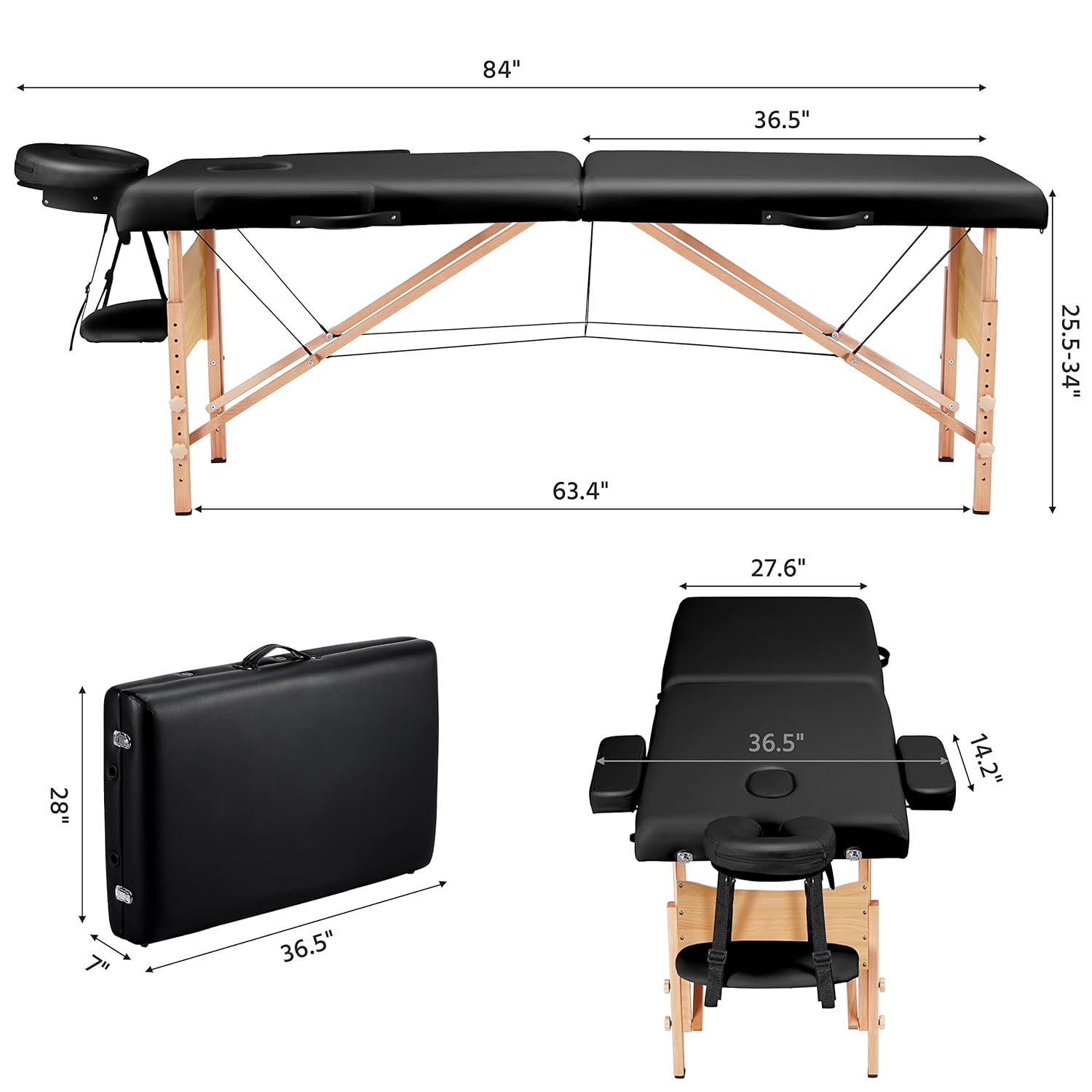 Yaheetech Massage Table Portable Lash Beds Spa Bed Massage Couch Foldable Spa Tables Adjustable 2 Fold with Non-Woven Bag 24 inch, Black wourant