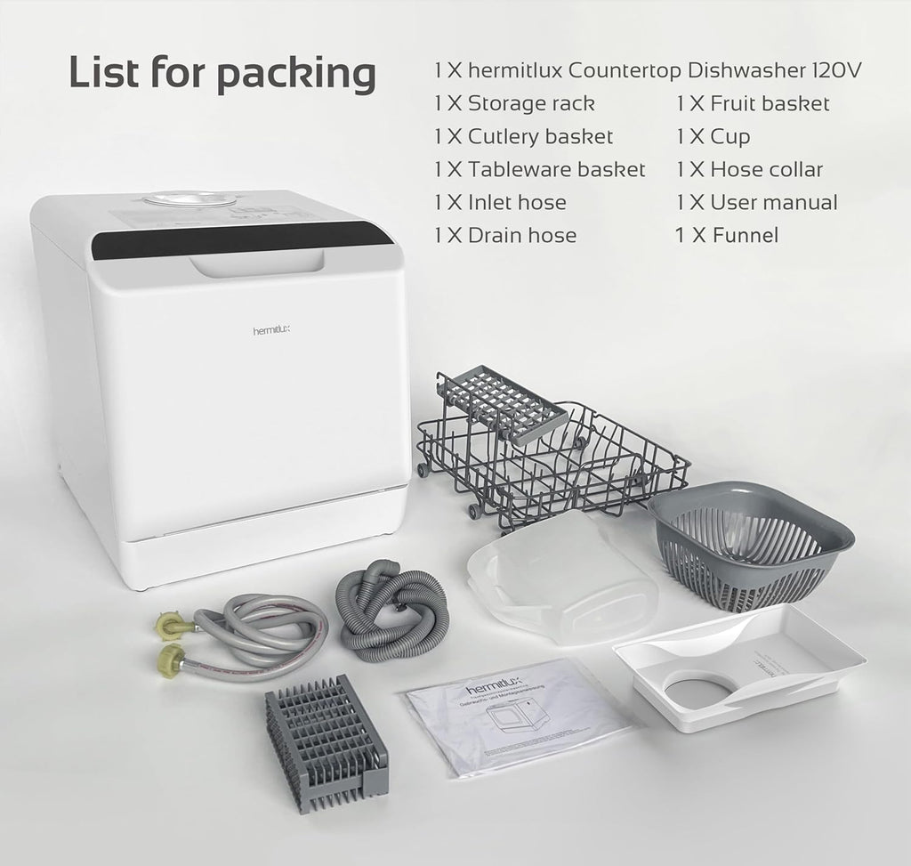 Hermitlux Countertop Dishwasher, 7 Washing Programs Portable Mini Dishwasher with 5-Liter Built-in Water Tank for Apartments & RVs, LED Light, Glass Door, No Hookup Needed wourant