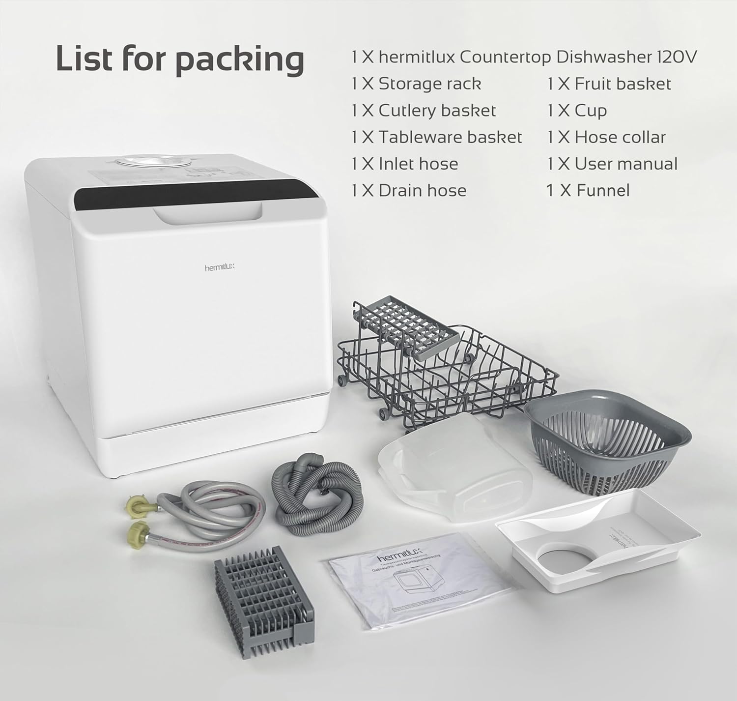 Hermitlux Countertop Dishwasher, 7 Washing Programs Portable Mini Dishwasher with 5-Liter Built-in Water Tank for Apartments & RVs, LED Light, Glass Door, No Hookup Needed wourant