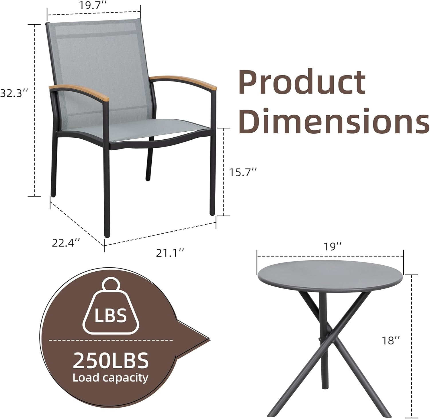 Shintenchi 3 Pieces Patio Bistro Sets, Outdoor Textilene Fabric Conversation Bistro Set, Textilene Fabric Front Porch Chairs Small Patio Furniture Set with Table for Lawn,Garden,Balcony (Black) wourant