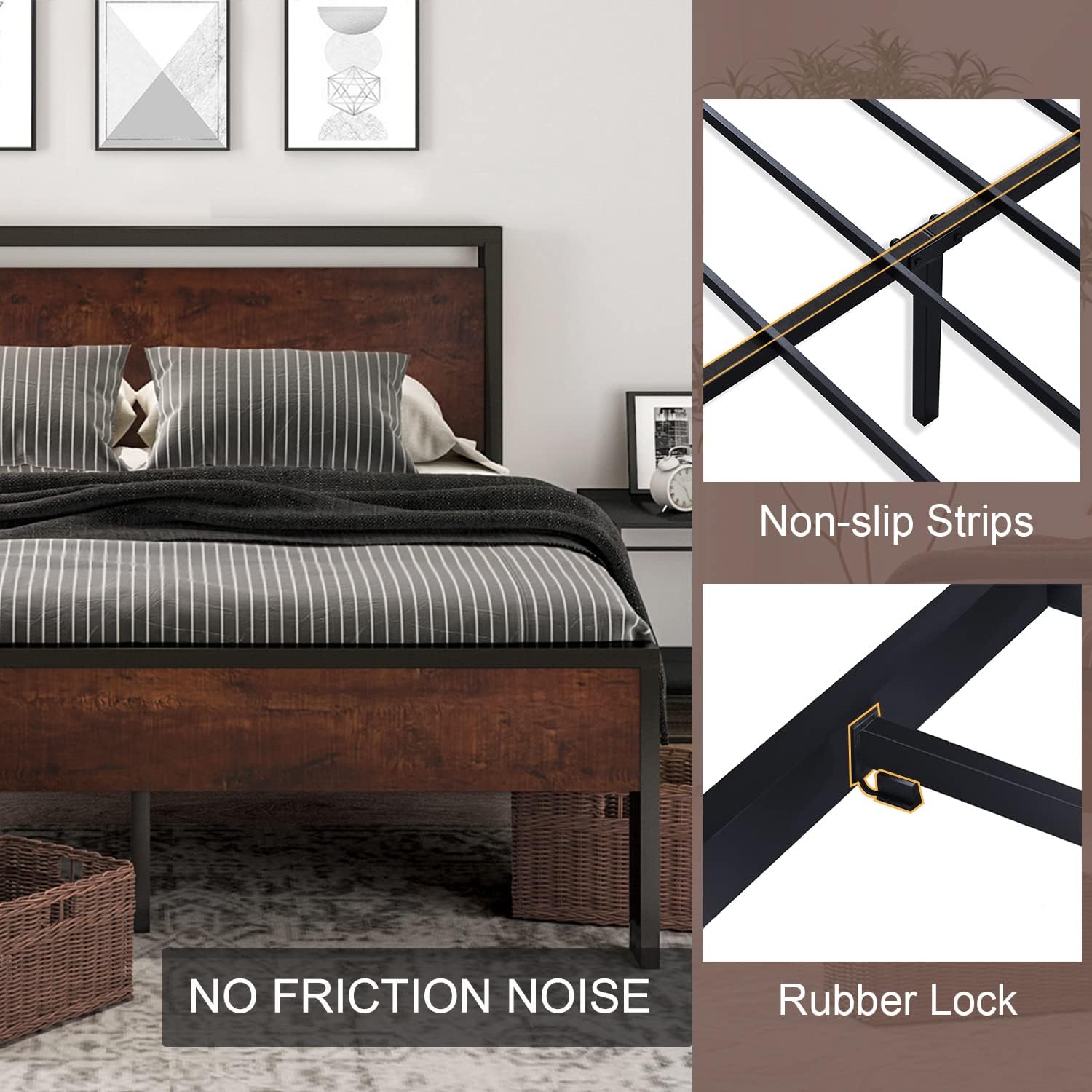 SHA CERLIN 14 Inch Queen Size Metal Platform Bed Frame with Wooden Headboard and Footboard wourant