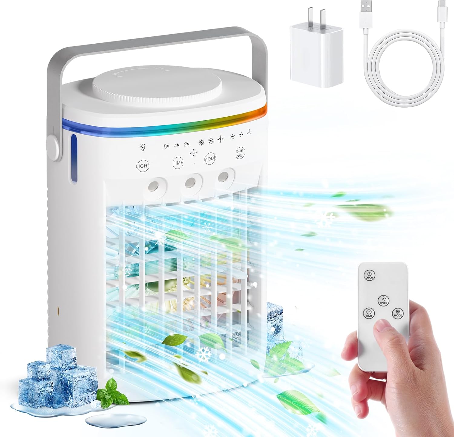 Portable Air Conditioner,Cooling Fan with 3 Speeds &3 Modes,2-8H Timer,1000ml Water Tank, Remote Control,4 in 1 Humidifier, Air Conditioner,Fan,Night Light,Evaporative Air Cooler for Home,Office wourant