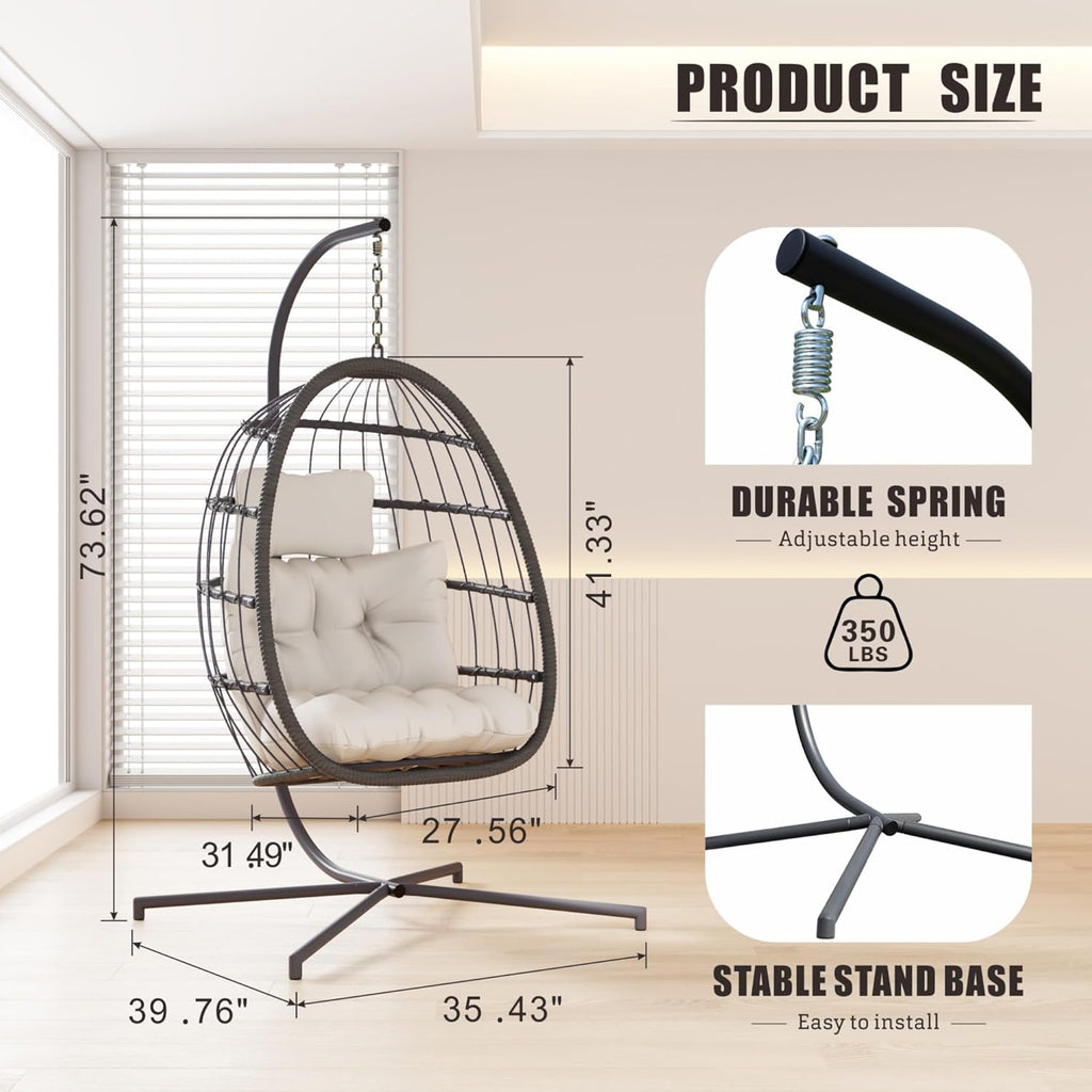 HWB Hanging Egg Chair Patio Wicker Hammock Egg Swing Chair with Cushion for Bedroom wourant