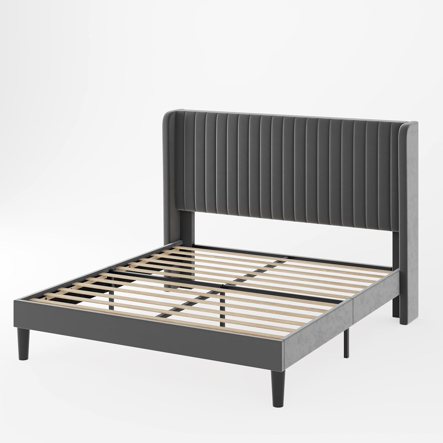 Allewie Full Size Velvet Bed Frame Vertical Channel Tufted Wingback Headboard Upholstered Bed wourant