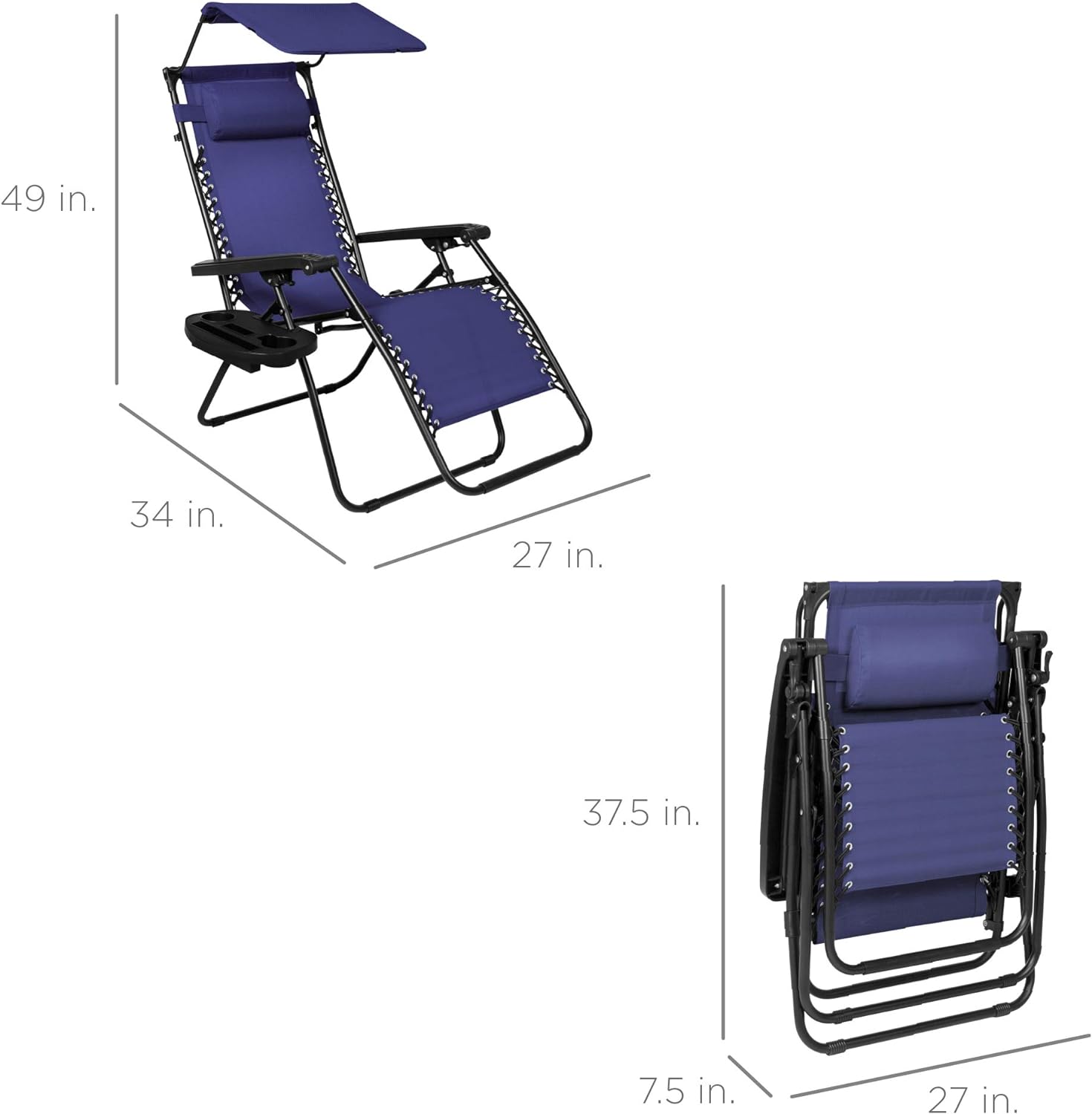 Best Choice Products Folding Zero Gravity Outdoor Recliner Patio Lounge Chair w/Adjustable Canopy Shade, Headrest, Side Accessory Tray, Textilene Mesh - Peacock Blue wourant