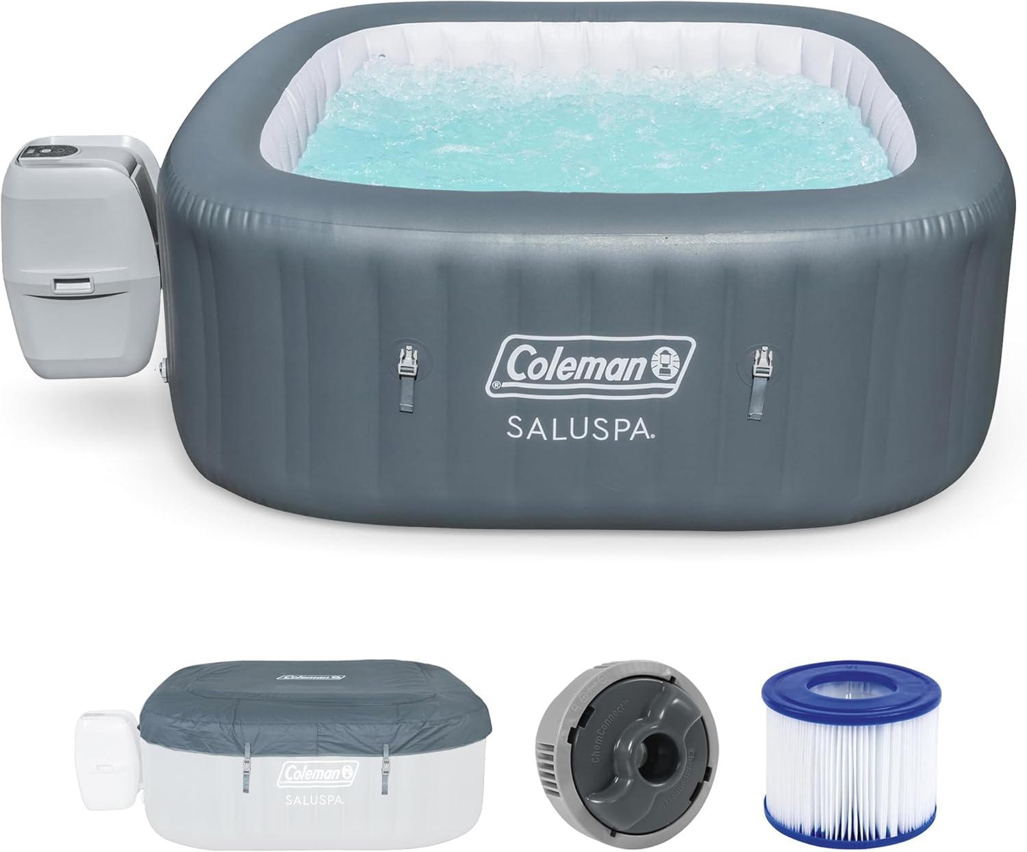 Coleman SaluSpa Atlantis AirJet 4 to 6 Person Inflatable Hot Tub Square Portable Outdoor Spa with 140 Soothing Jets with Cover, Blue wourant