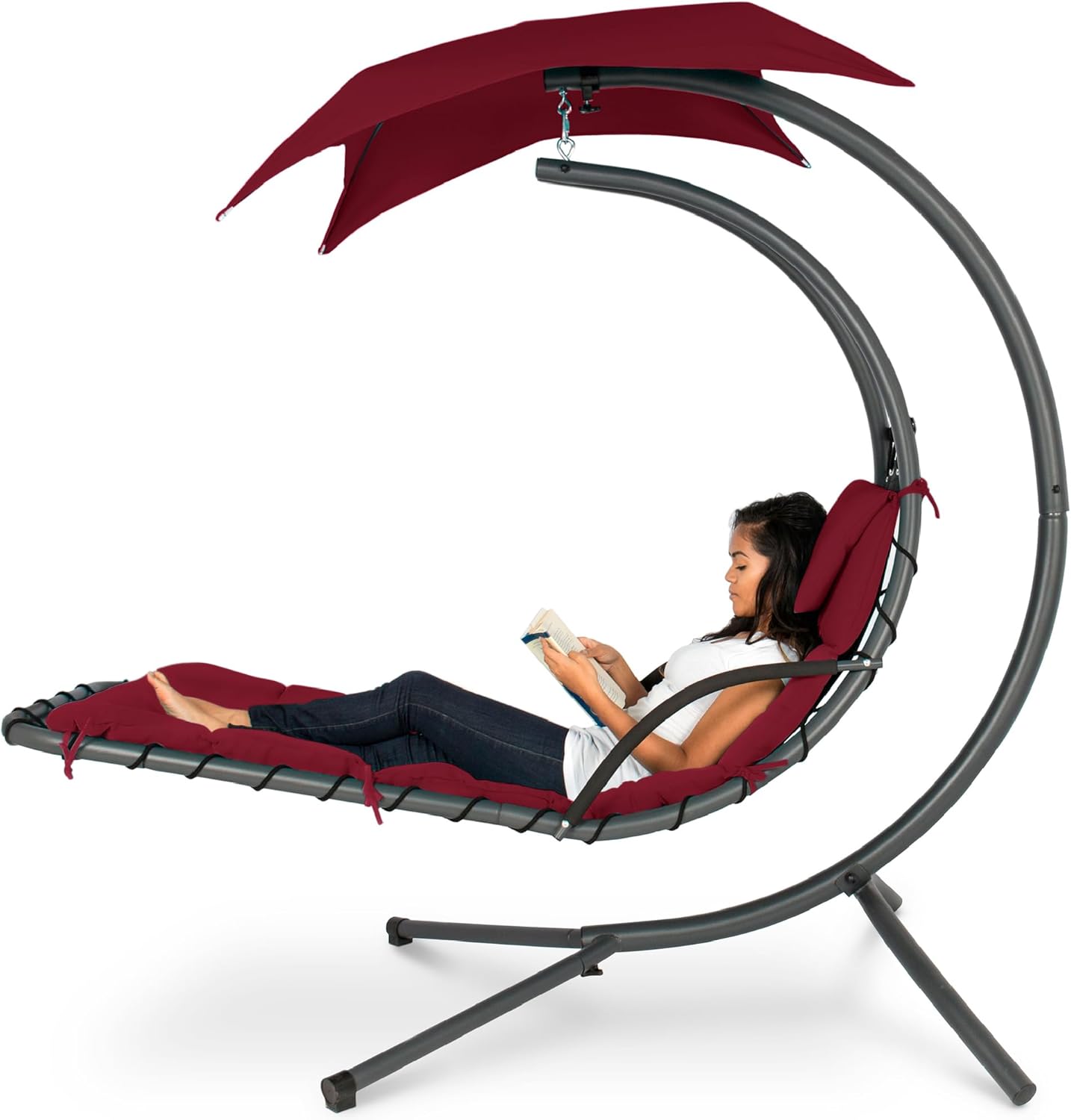Best Choice Products Outdoor Hanging Curved Steel Chaise Lounge Chair Swing w/Built-in Pillow and Removable Canopy - Charcoal Gray wourant