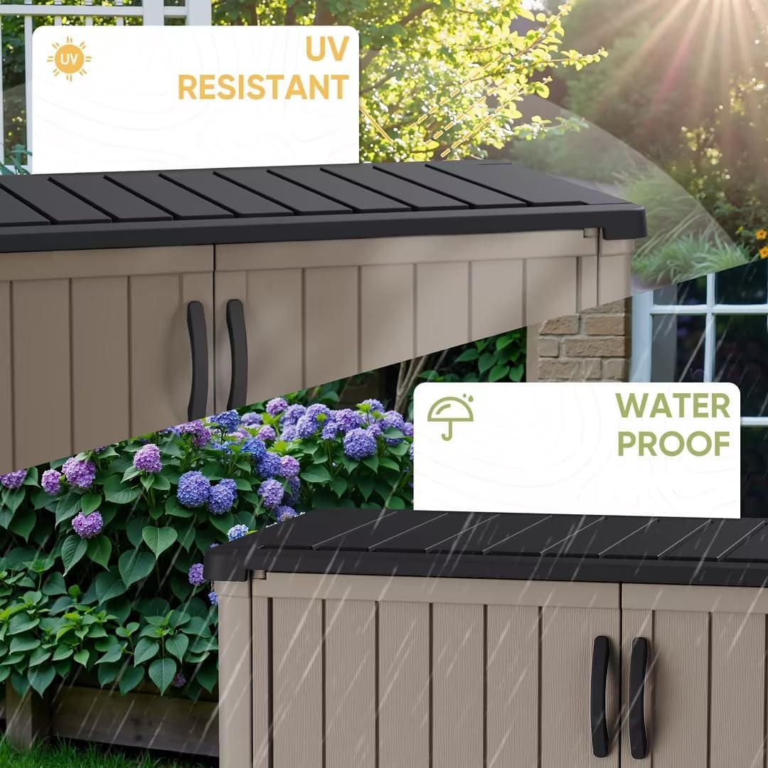 Devoko Outdoor Storage Cabinet 26 Cu Ft with Lockable Doors, Horizontal Storage Shed Waterproof Patio Tools Storage Box wourant