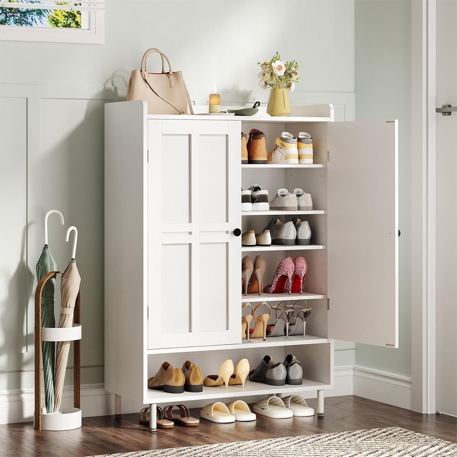 ONBRILL Shoe Storage Cabinet with Cross Molding Doors, 6-Tier Farmhouse Shoe Cabinet wourant