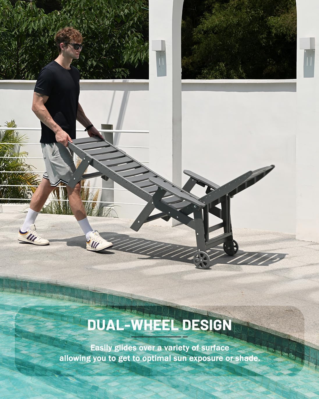 Lounge Chair Outdoor, Chaise Lounge, HDPE 6-Position Outdoor Chaise Lounge, Patio Lounge Chair with Wheels & Cup Holder for Pool Poolside Deck Backyard, Teak wourant