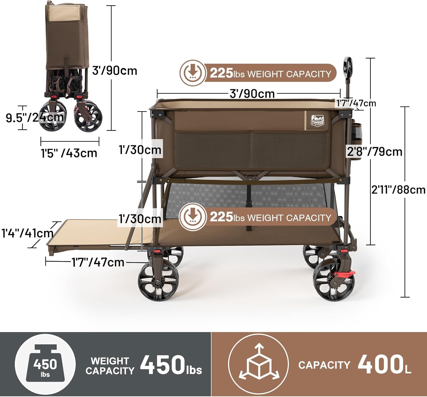 400L Large Capacity Folding Double Decker Cart with Brakes, 54 Inch Extra Long Extended Cart, 450 Pounds Heavy Duty Folding Cart wourant