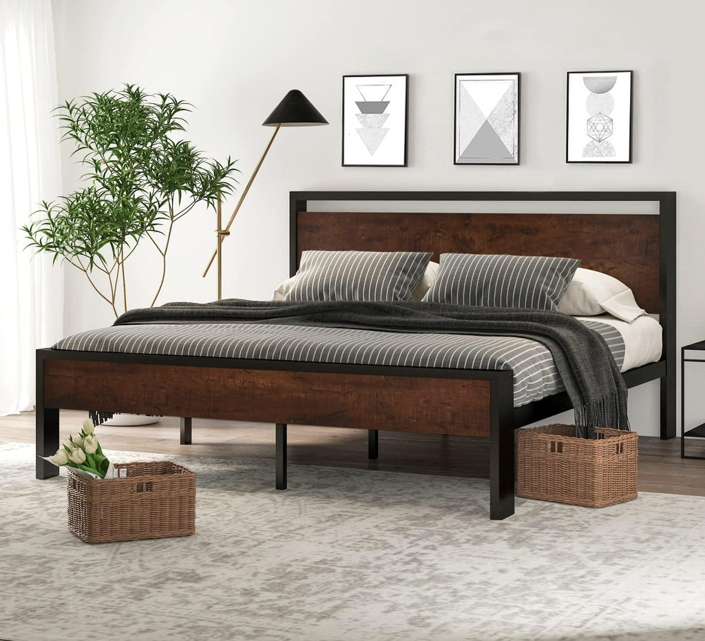 SHA CERLIN 14 Inch Queen Size Metal Platform Bed Frame with Wooden Headboard and Footboard wourant