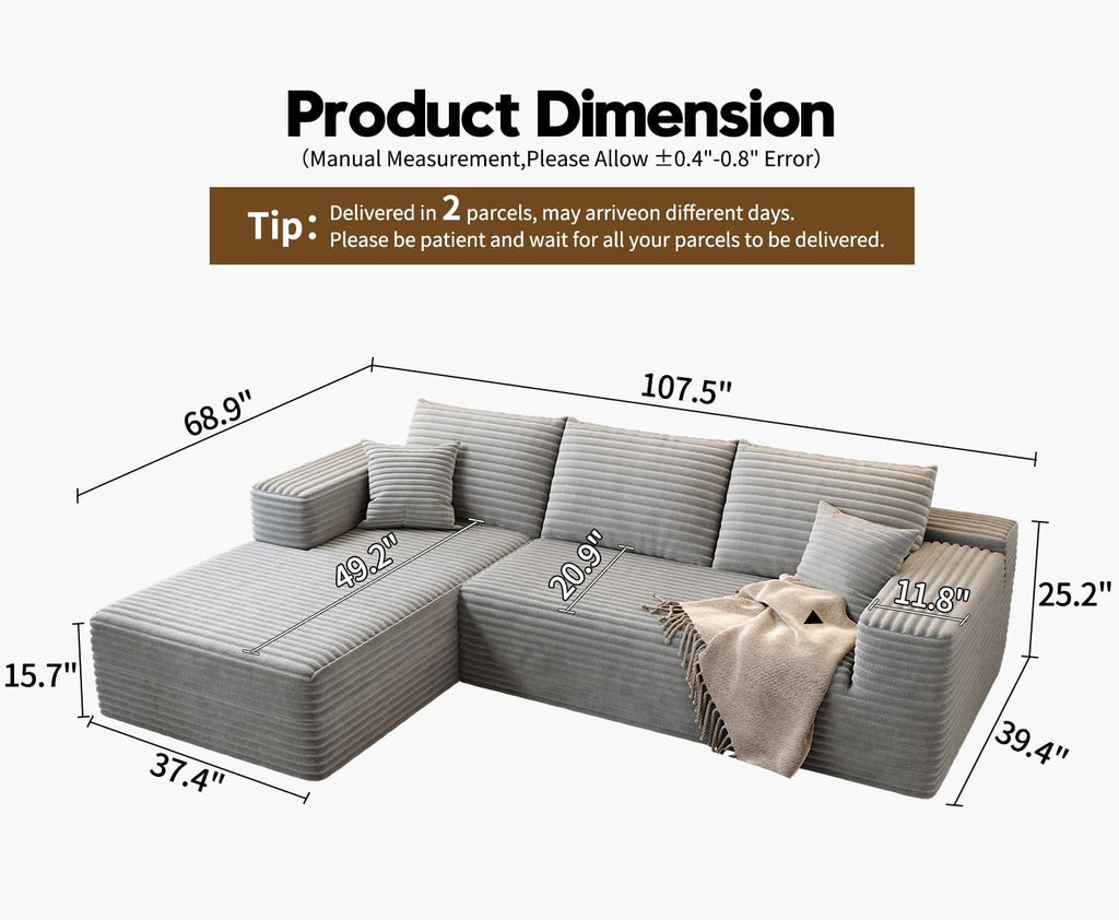 107.5 inch Cloud Modular Sectional Sofa with L-Shaped Chaise Lounge, Modern Minimalist Upholstered Sofa Deep Seating Corner Sofa wourant