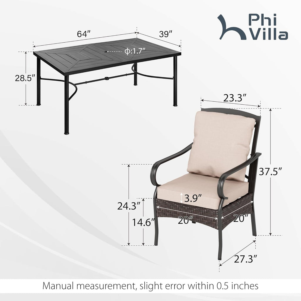 PHI VILLA 6-Piece Outdoor Dining Sets, All-Weather Patio Table and Chairs Set with Umbrella for 4, Heavy Duty Patio Round Table Set for Deck, 4 Extra Large Outdoor Swivel Chairs with Thick Cushions wourant
