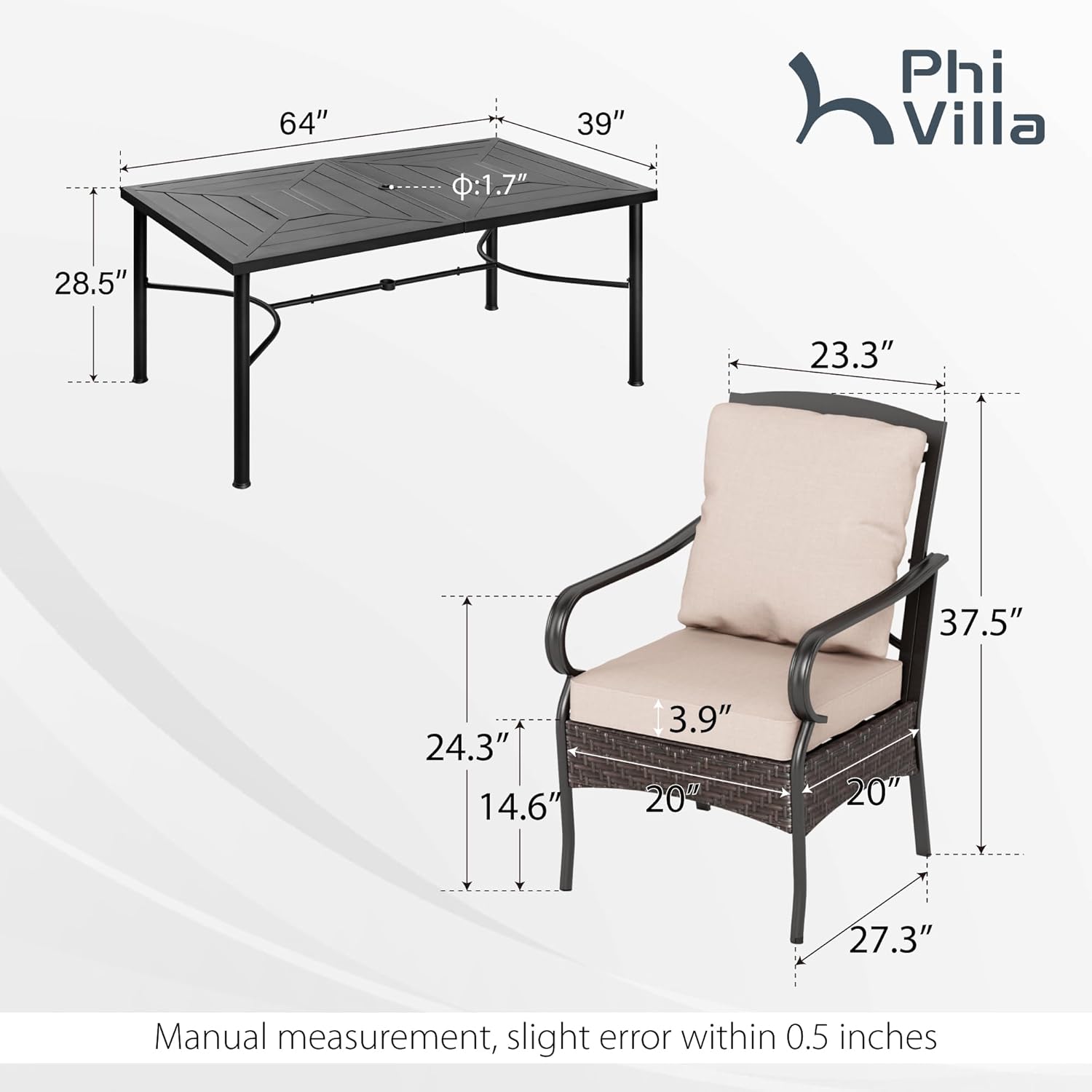 PHI VILLA 6-Piece Outdoor Dining Sets, All-Weather Patio Table and Chairs Set with Umbrella for 4, Heavy Duty Patio Round Table Set for Deck, 4 Extra Large Outdoor Swivel Chairs with Thick Cushions wourant