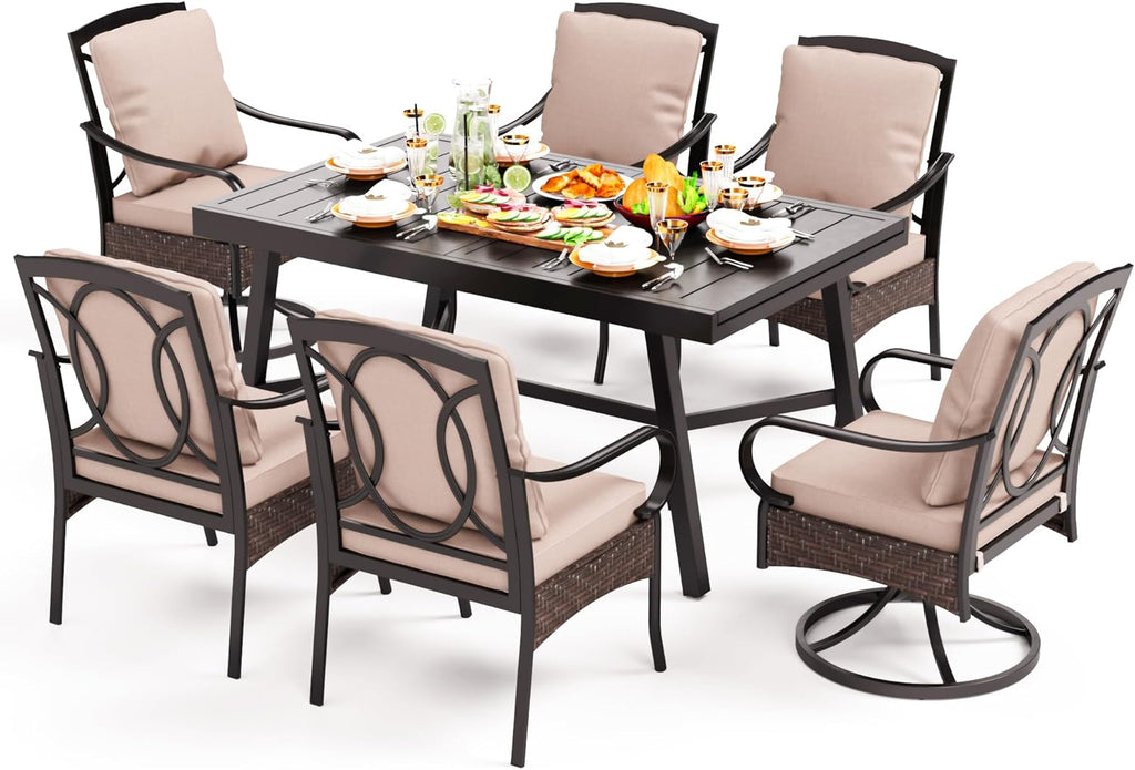 PHI VILLA 6-Piece Outdoor Dining Sets, All-Weather Patio Table and Chairs Set with Umbrella for 4, Heavy Duty Patio Round Table Set for Deck, 4 Extra Large Outdoor Swivel Chairs with Thick Cushions wourant