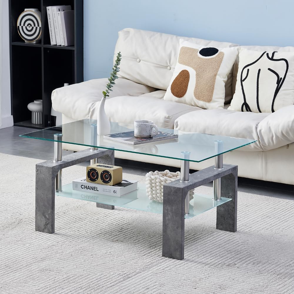 Living Room Rectangle Coffee Table, Tea Table Suitable for Waiting Room, Modern Side Coffee Table with Wooden Leg, Glass Tabletop wourant