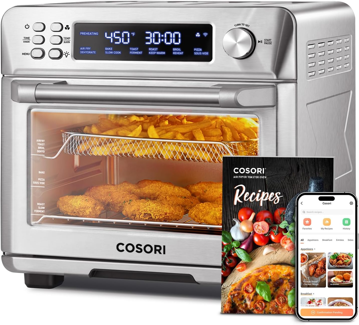 COSORI Smart 12-in-1 Air Fryer Toaster Oven Combo, Airfryer Convection Oven Countertop, Bake, Roast, Reheat, Broiler, Dehydrate, 75 Recipes & 3 Accessories, 26QT, Silver-Stainless Steel wourant