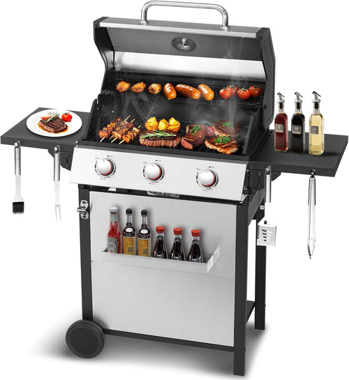 3-Burner Propane Gas Grill with 30,000 BTU Output - Double-layer Stainless Steel Grill Lid, Cast Iron Cooking Grids, Easy-Clean Grease Management & Even Heat Distribution for Perfect BBQs wourant