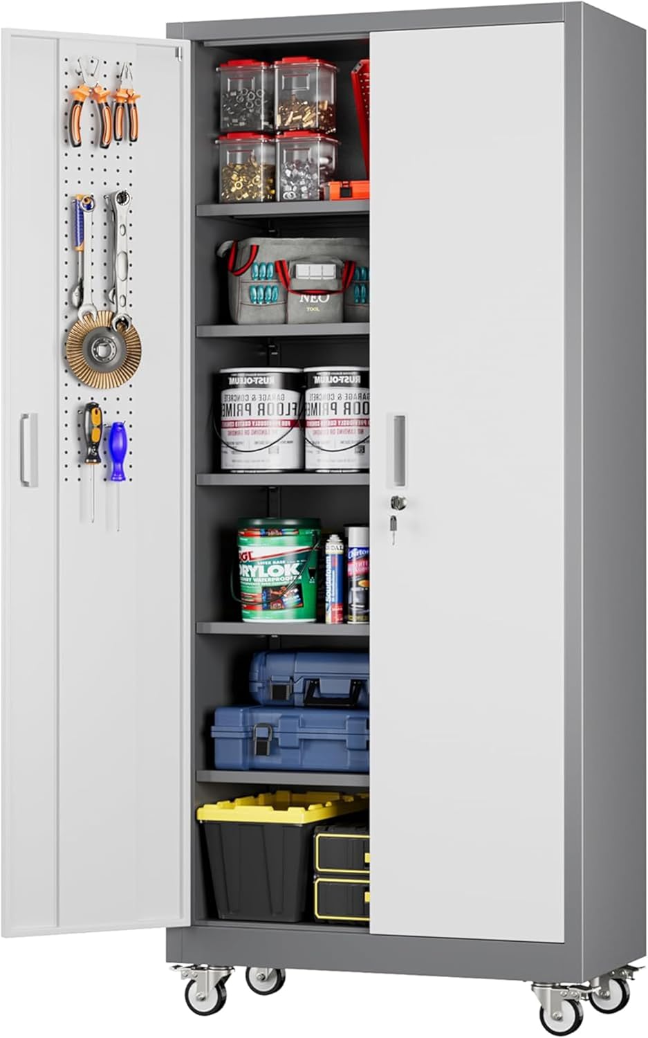 Aobabo 73''H Metal Garage Storage Cabinet with Wheels,Steel Cabinets with 2 Doors and 4 Adjustable Shelves for Home Office,Required Assembly,Black wourant