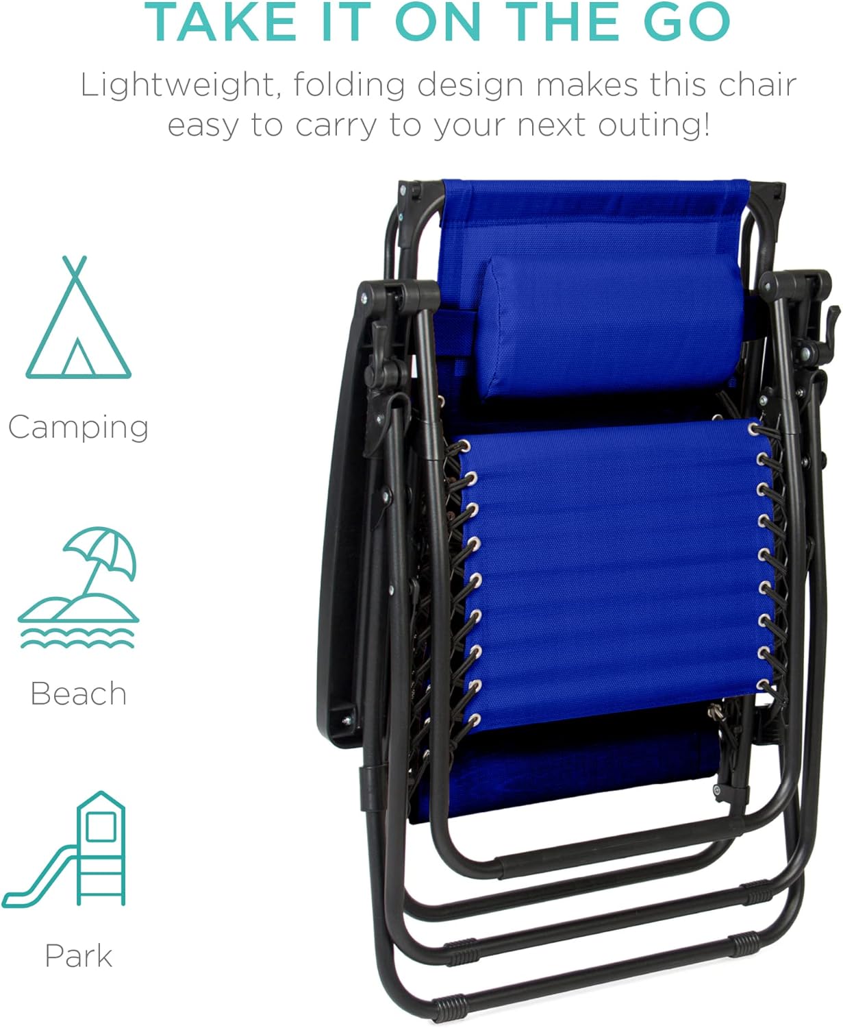 Best Choice Products Folding Zero Gravity Outdoor Recliner Patio Lounge Chair w/Adjustable Canopy Shade, Headrest, Side Accessory Tray, Textilene Mesh - Peacock Blue wourant