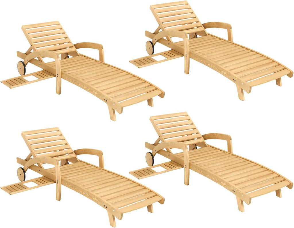 Pool Chaise Lounge Chairs Set of 4 5-Position Adjustable Outdoor Patio Lounge Chairs Wood Reclining Chaise Lounger Chair with Pullout Side Table wourant