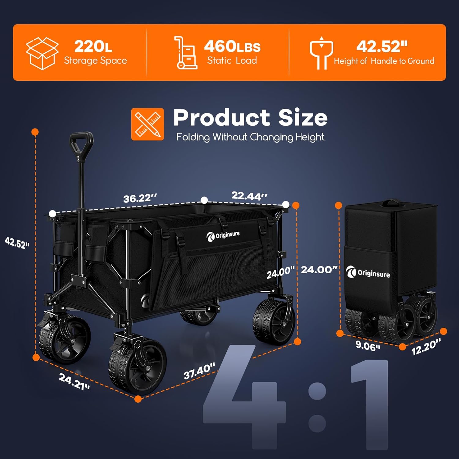 38" long foldable four-wheel stroller, foldable, 460 lb capacity, 220 liter heavy-duty folding beach stroller with large all-terrain tires wourant