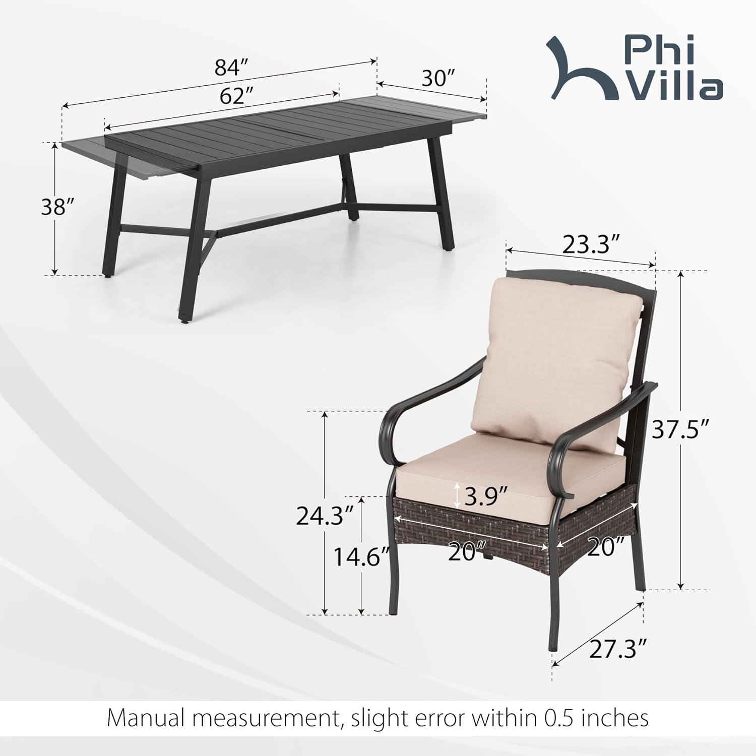 PHI VILLA 6-Piece Outdoor Dining Sets, All-Weather Patio Table and Chairs Set with Umbrella for 4, Heavy Duty Patio Round Table Set for Deck, 4 Extra Large Outdoor Swivel Chairs with Thick Cushions wourant