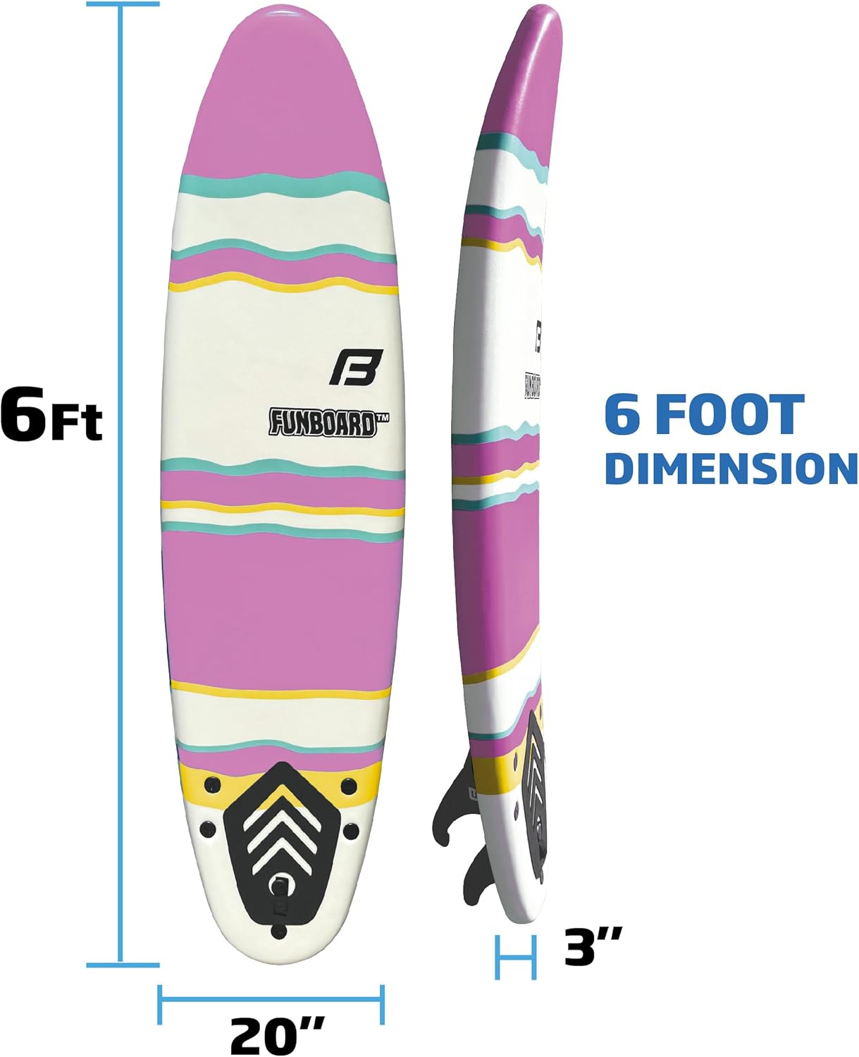 6 FUNBOARD Surfboard Softboard Foam Include (3) Fins 6 Foot Leash and (2) Wood Stringers wourant