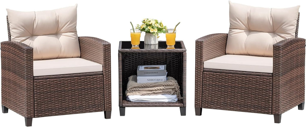 Devoko 3 Pieces Patio Furniture Set, PE Rattan Wicker Patio Set with Two Outdoor Chairs and Table, Upgraded Patio Chairs and Table for Porch, Garden Poolside Balcony woonhhop
