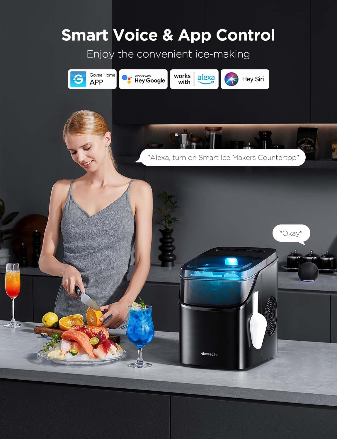 GoveeLife Smart Ice Maker Countertop, Portable Ice Machine with Voice Control, 9 Ice Cubes in 6 Minutes 3 Sizes, 26lbs/24Hrs, Self Cleaning RGB Lights, Quiet Ice Maker with Scoop for Kitchen Black wourant
